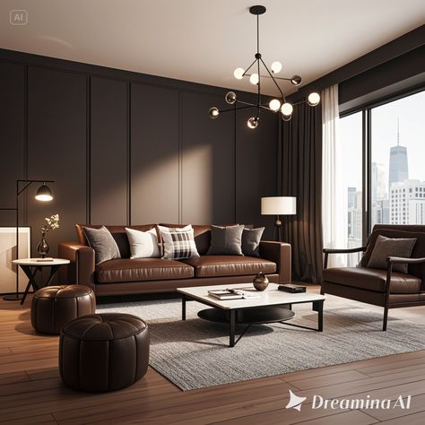 White Dark Brown Room Ideas, Medium Brown Floor Living Room, Black And Brown House Interior Design, Walnut Floors Living Room Decor, Dark Brown Couch Living Room Ideas Modern, Chocolate Brown Walls Living Room, Dark Brown And Grey Living Room, Dark Brown Walls Living Room, Dark Brown Carpet Living Room