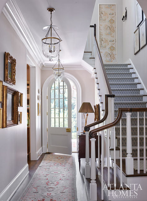 Embracing Tradition - Atlanta Homes and Lifestyles Cottage Style Homes, English Cottage Style, Traditional Houses, Stair Decor, Atlanta Homes, Entry Way, English Cottage, Spacious Living Room, Entry Foyer