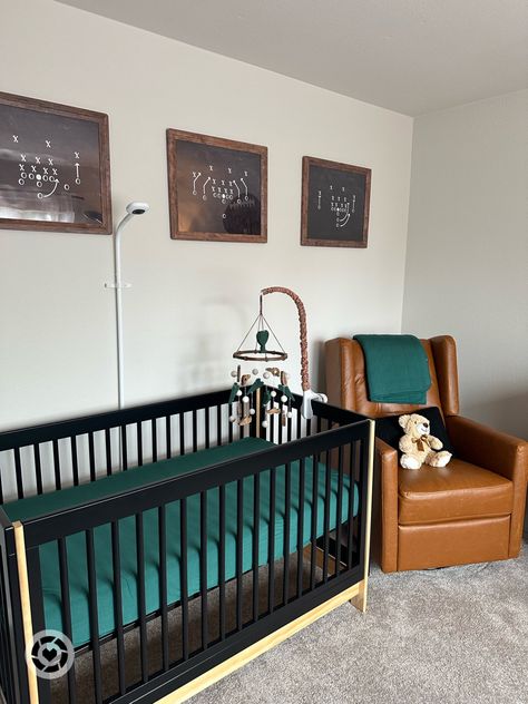 Sporty Nursery Ideas, Nursery Football Theme, Vintage Football Nursery Baby Boys, Vintage Sports Nursery Baby Boy, Football Nursery Baby Boy, Nursery Ideas Boy Themes, Football Nursery Theme, Vintage Football Nursery, Football Themed Nursery