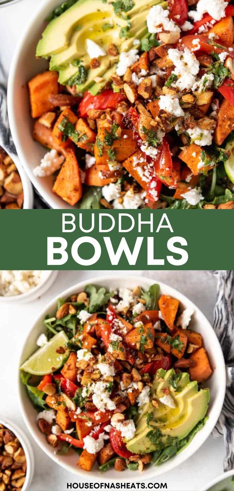 Avocado Buddha Bowl, Essen, Halloumi Buddha Bowl, Savory Bowls Healthy Recipes, Southwest Buddha Bowl, Greek Sweet Potato Bowls, Sweet Potato Lunch Bowl, Sweet Potatoe Bowl Recipes, Sweet Potato Veggie Bowl