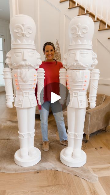 Ashley Savage | Creator | Atlanta, GA on Instagram: "The viral 6ft nutcrackers keep going in and out of stock so I figured I would just leave this video here for yall! Comment SHOP and I will send you the details to these nutcrackers so you can check and see if your local store has them in stock plus I’ll send you a few other oversized nutcrackers that are in stock! Stay tuned for part 2 where I share how I give these a glow up! 
•
•
•
#nutcrackers #diynutcracker #diychristmas #christmasdecor #christmasiscoming #christmasdiy #christmastree #holidaydecor #holidaydecorating #nutcraker #christmasdecorating #christmas" Blue And Silver Nutcracker, Giant Nutcracker Makeover, Large Nutcracker Diy, Nutcracker Display Ideas Christmas, The Nutcracker Christmas Decor, Walmart Nutcracker Makeover, Grinch Nutcracker, Walmart Nutcracker, Oversized Christmas Decorations