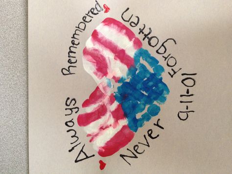 Cute remembering 9-11 craft to do with kids and their hand prints to make a heart Labor Day Crafts, Kids Arts And Crafts, September Crafts, Patriots Day, Patriotic Crafts, Daycare Crafts, Never Forgotten, Toddler Art, July Crafts