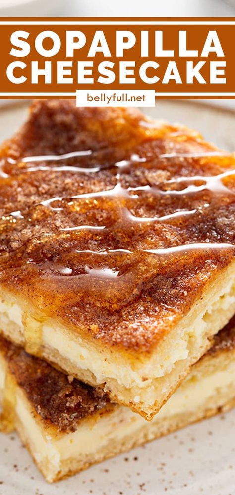 These Sopapilla Cheesecake bars are the best combination of New-Mexican sopapillas, churros, and cheesecake in one. Sweetened cream cheese between layers of cinnamon-sugar crust is to die for in this easy dessert recipe, great for potlucks! Mexican Dessert Recipes Easy, Sopapilla Cheesecake Bars, Mexican Feast, White Queso, Sopapilla Cheesecake, Churro Cheesecake, Cream Cheese Bars, Cheesecake Bar Recipes, Mexican Dessert Recipes