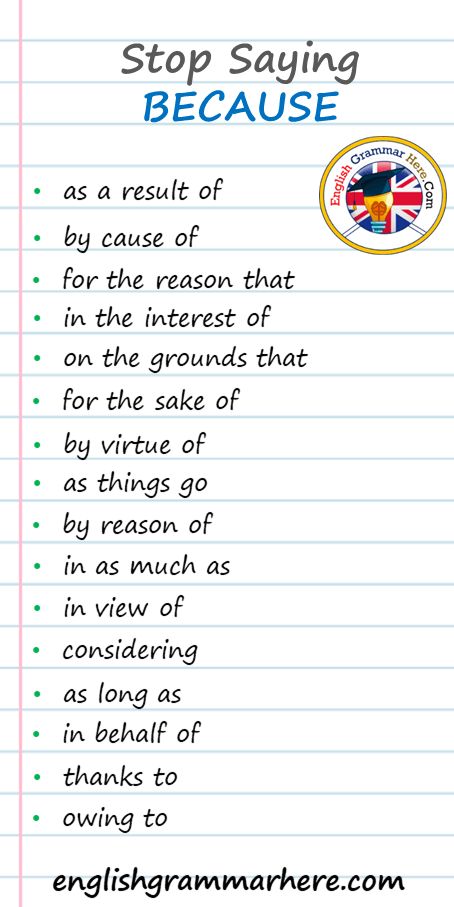 Stop Saying Because, Different Ways to Say Because as a result of as long as as things go by cause of by reason of by virtue of considering due to for the reason that for the sake of in as much as in behalf of in that in the interest of in view of now that on the grounds that owing to since thanks to through Business Writing Skills, Essay Tips, It Is Written, Essay Writing Skills, Interesting English Words, Good Vocabulary Words, Good Vocabulary, English Writing Skills, Words To Use