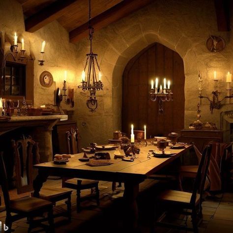 Fantasy Dining Room Concept Art, Medieval Dining Table, Medieval Apartment, Medieval Room Aesthetic, Fantasy Dining Room, Medieval Dining Room, Medieval Interior Design, Castle Interior Medieval, Barbie Hotel