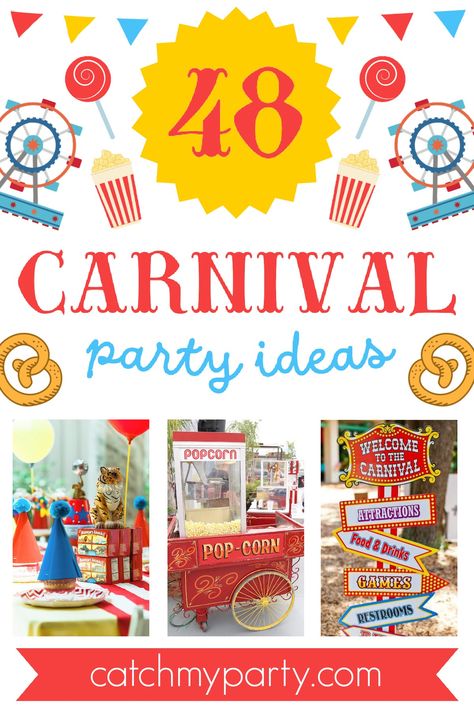 Planning a carnival-themed party? You've come to the right place. We just rounded up the most amazing 48 carnival party ideas from CatchMyParty.com, jam-packed with fantastic suggestions and lots of inspiration! Carnivals are all about mystery, magic, and a whole lot of joy. Everything about them brings so much pleasure, from the sweet smells to the cheerful music. The ambiance is just so uplifting, which is why it's such a great party theme for bringing families and friends together to celebrat Country Carnival Party, Fun Fair Birthday Party, Candy Carnival Party, Circus Themed Party Ideas, Carnival Birthday Party Decorations Diy, Carnival Book Fair, Pto Carnival Ideas, Fall Carnival Birthday Party, Home Carnival Ideas