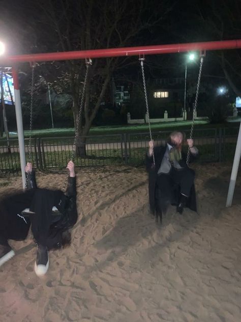 Phasing Aesthetic, Teenage Siblings Aesthetic, Night Playground Aesthetic, Playground At Night Aesthetic, Friends At Night Aesthetic, Park At Night Aesthetic, Swings Playground, Playground At Night, 2000s Photos