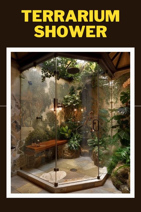 Discover the ultimate relaxation with terrarium showers! 🌿✨ Bring the outdoors in and transform your bathroom into a serene sanctuary. #TerrariumShowers #NatureTherapy #HomeWellness #BathroomGoals #GreenLiving Forest Shower Bathroom, Big Bathroom With Plants, Experience Shower Spa Design, Jungle Shower Bathroom, Plants In Shower Aesthetic, Showers With Plants, Waterfall Shower Bathroom, Rainforest Bathroom Ideas, Nature Bathroom Ideas