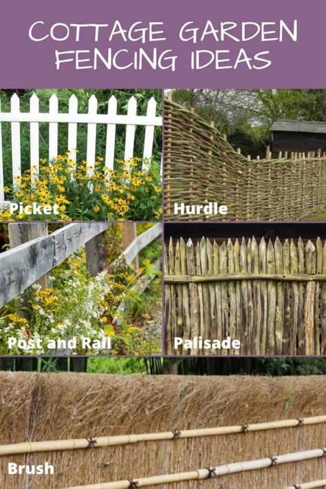 fence ideas for cottage garden style Garden Fences English, Rustic Picket Fence Ideas, Natural Looking Fence Ideas, English Cottage Garden Fence, Cottage Style Fence, Cottage Garden Fencing Ideas, Cottage Garden Fences, Garden Border Fence Ideas, Fenced In Flower Garden Ideas