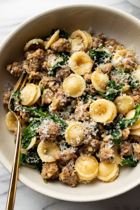 Orecchiette with Sausage and Spinach • Salt & Lavender Rapini Pasta, Broccoli Rabe Sausage, Broccoli Rabe Pasta, Orecchiette Pasta Recipes, Orecchiette Recipes, Broccoli Rabe And Sausage, Broccoli Rabe Recipe, Easy Pesto Pasta, Sausage Pasta Recipes