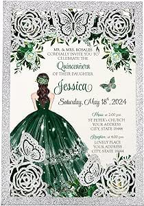 DORIS HOME 50Pcs Butterfly Quinceanera Invitation Emerald Green for 15 year, Sweet 16, Miss XV, Birthday Laser Cut Quince Invitation Cards Personalized Glitter Silver Invitations Quinceanera, Quince Invitations, Butterfly Invitations, Quince Decorations, Green Invitations, Quinceanera Invitation, Quinceanera Themes, Party Invitations Printable, Quinceanera Invitations