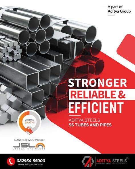 Our products are Stronger, Reliable & Efficient. Aditya Steel SS tubes and pipes. *Available grades: 202, 304, 316, 316L, 22.23 mm (O.D.) 👉For more information call us 📱 @ 82954-55000 or visit us at- www.adityasteels.in . . . . . #stainlesssteel #stainlesssteelproducts #quality #qualityproducts #steel #AdityaSteels Steel Advertising Design, Steel Poster Design, Steel Creative Ads, Advertising Campaign Design, Simple Website Design, Stainless Steel Fabrication, Graphic Design Portfolio Inspiration, Cmf Design, Bottle Design Packaging