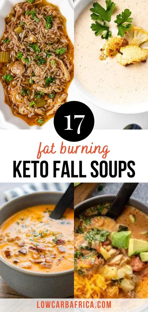 These healthy, hearty, keto and low carb soups are so easy to make and perfect for the whole family. They can be made in an instant pot, a crock pot/slow cooker or on the stove. Some are creamy, vegan, dairy free and low calorie. They will definitely keep you cozy, warm and satisfied! | fat burning | weight loss | gluten free | fall soups | lowcarbafrica.com Low Carb Soups, Smoothies Vegan, Low Calorie Soup, Fall Soup, Fall Soup Recipes, Keto Soup, Low Carb Soup, Recetas Keto, Fall Soups