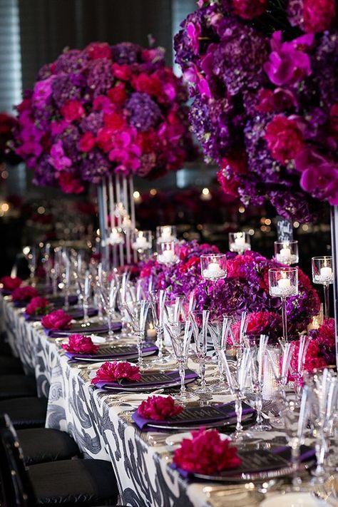 Red And Purple Table Decorations, Purple Pink Red Flower Arrangement, Purple Red Flower Arrangements, Purple Pink Flower Arrangement, Fuschia And Purple Wedding, Pink And Purple Floral Arrangements, Red And Purple Wedding Decorations, Purple And Pink Party, Purple And Red Wedding