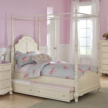 The Cinderella Collection is your little girl�s dream. The Victorian styling incorporates floral motif hardware, antique ecru finish and traditional carving details that will create the feeling of a room worth of a fairy tale princess. A canopy bed completes the fantasy of this whimsical... Girls Trundle Bed, Full Size Canopy Bed, Full Canopy Bed, Canopy Bedroom Sets, Twin Canopy Bed, Girls Bed Canopy, Wood Canopy Bed, Rooms Decoration, Wood Canopy