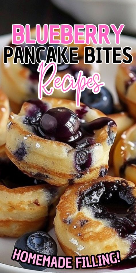 Blueberry Pancake Bites Blueberry Fritter, Pancake French Toast, Blueberry Pancake Muffins, Blueberry Pancake Bites, Fritter Bites, French Toast Cups, Healthy Blueberry Pancakes, Pancake Balls, Toast Cups