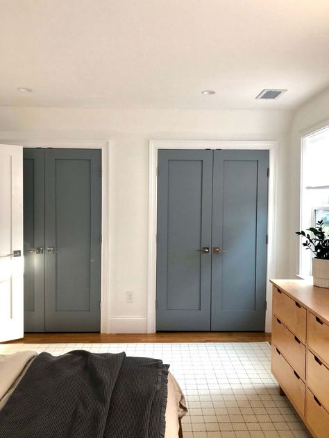 Blue Interior Doors, Closet Doors Painted, Grey Painted Kitchen, Gray Paint Colors, Office Guest Bedroom, Painted Closet, Bedroom Closet Doors, Blue Gray Paint Colors, Painted Interior Doors