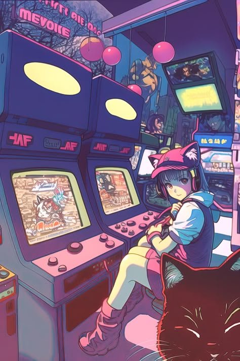 Gaming Art Aesthetic, Anime Arcade Background, Arcade Drawing Reference, Arcade Drawing, Technology Concept Art, Arcade Anime, Arcade Illustration, Arcade Background, Anime Arcade