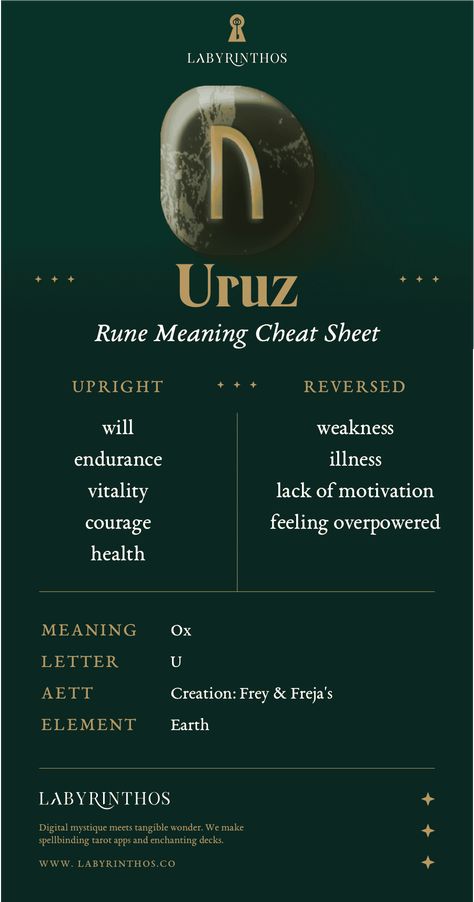 Uruz Rune Meaning: Endurance and Power – Labyrinthos Norse Runes Meanings, Uruz Rune, Golden Thread Tarot, Runes Meaning, Esoteric Knowledge, Element Earth, Online Tarot, Tarot Meanings, Norse Runes