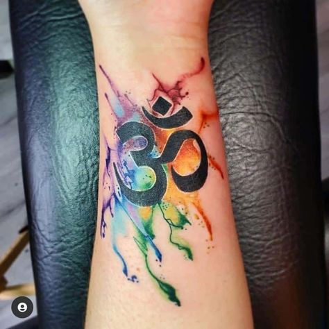 Om Tattoo Color, Kentucky Tattoo, Chakra Tattoos, Splash Tattoo, Sacred Geometric Tattoo, Splatter Tattoo, Watercolor Tattoo Ideas, Om Tattoo Design, Bolt Tattoo