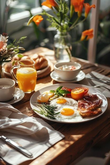 Premium Photo | Breakfast plate on wooden table Breakfast Still Life Photography, Breakfast Photography Morning, English Breakfast Photography, American Breakfast Aesthetic, Breakfast Table Aesthetic, Breakfast Aesthetic Mornings, Breakfast Photoshoot, Morning Breakfast Aesthetic, Breakfast Food Photography