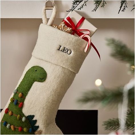 Christmas Decorations | West Elm Natal, Felt Dinosaur, Kids Holiday Decor, Christmas Fair Ideas, Cross Stitch Christmas Stockings, Stocking Designs, Felt Christmas Stockings, Christmas Stockings Diy, Christmas Embroidery Patterns