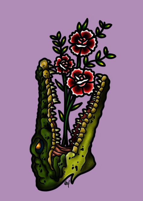 American Traditional Gator Tattoo, American Traditional Alligator Tattoo, Alligator Head Tattoo, Cajun Tattoo, Traditional Crocodile Tattoo, Alligator Tattoo Design, Traditional Alligator Tattoo, Odd Tattoos, Flash Traditional Tattoo