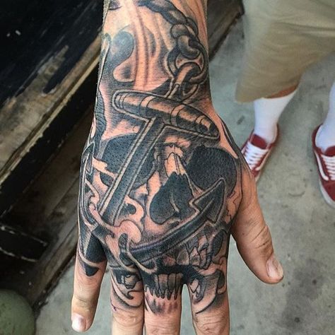 Anchor Hand Tattoo Men, Anchor Hand Tattoo, Kraken Hand Tattoo, Top Of Hand Tattoos Men, Pirate Hand Tattoo, Skull Hand Tattoo, Viking Skull, Anchor Tattoos, Anchor Tattoo