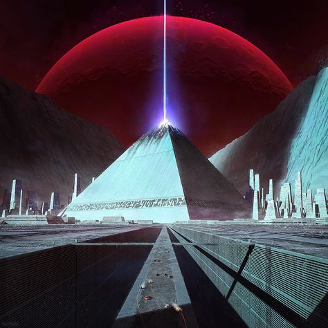 Alien Landscape, Black Pyramid, Sci Fi Landscape, 70s Sci Fi Art, Scifi Fantasy Art, Sci Fi Environment, New Retro Wave, Futuristic Art, Futuristic City