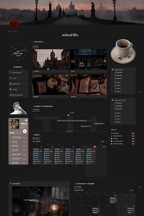 dark academia themed notion template for school! free download available #university #darkacademia #digitalplanner #schoolorganiser #notion #notiontemplate #darkacademianotion Organisation, Dark Academia University, Dark Academia School, School Planner Template, University Planner, To Do App, Study Apps, School Template, Planner Organiser