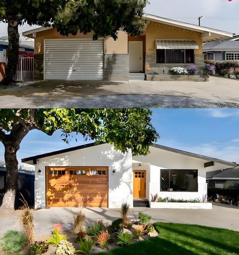 White And Cedar House Exterior, Mid Century Modern Garage Door, Garage Curb Appeal, Mid Century Modern Garage, Ranch House Remodel, Exterior House Renovation, Ranch House Exterior, Flip House, Exterior House Remodel