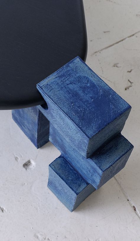 Ceramic table with three stacked brick form legs, and rounded organic triangle shaped wood tabletop. Choice of satin 'anthracite' black (pictured), translucent 'stone' matte white, washy 'lapis' blue (pictured), crackle terra sigillata 'terrasig' white, matte 'ivy' green or matte 'chestnut' brown finish. Choice of natural or ebonized oak. Tabletop 15” tall, 35" by 46" surface. Ceramic legs each 16" tall, 14" deep. Handmade by Danny Kaplan in New York. Please note that this table is made to order Seafoam Green Furniture, Ceramic Tile Coffee Table, Green Wood Table, Organic Shape Furniture, Interior Detail Photography, Stone Furniture Design, Pottery Furniture, Brick Table, Danny Kaplan