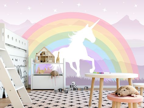 Unicorn with Rainbow Wallpaper for Girls Room :) Our wallpapers are not only beautiful but meet high standards. Click our store to see more ;) Unicorn Mural Girls Bedroom, Unicorn And Rainbow Bedroom, Rainbow Unicorn Wallpaper, Rainbow Unicorn Bedroom, Girls Unicorn Bedroom, Nursery Lilac, Wallpaper For Girls Room, Unicorn Bedroom Ideas, Unicorn Mural