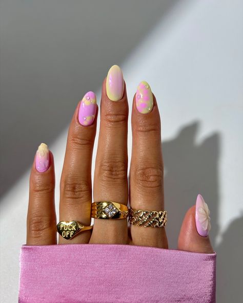 my favourite colour combo and possibly my new favourite set 🌸🍯🎀🌼 rings: • ‘f off’ from @westwoodandhyde • index and middle from @luvaj #nails #nailinspo #summernails #pastelnails #3dnails #nailart #mixandmatchnails Two Colour Nails Color Combos, Each Nail Different Design, Colourful Nails Designs, Rad Nails, Two Color Nails, F Off, Nail Color Combos, Set Rings, Grl Pwr