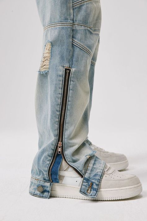 BONELESS Deconstructed Ripped Zipper Jeans — XL / Blue Men Jeans Design, Jeans Design Ideas Men, Custom Jeans Men, Denim Diy Clothes, Custom Jean, Denim Streetwear, Unique Jeans, Jeans Design, Drip Outfit Men