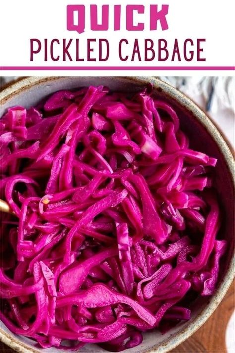 This Pickled Cabbage recipe makes the best pickled red cabbage in only about 10 minutes hands-on time! It completely transforms this veggie and adds an incredible pop of flavor. Use it in sandwiches, on avocado toast, in tacos, on burgers, with pulled pork and more! If you are new to pickling vegetables, this pickled cabbage will be a great recipe to start with. All you need is two large mason jars, red cabbage, and a few common ingredients to get get going. Pickled Purple Cabbage Recipe, Quick Pickled Cabbage For Tacos, Pickled Red Cabbage Uses, Quick Pickled Red Cabbage, Pickled Cabbage And Onions, Easy Pickled Cabbage, Pickled Red Cabbage For Tacos, Mexican Pickled Cabbage, Pickled Cabbage For Tacos