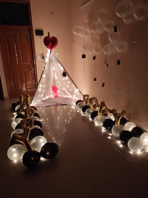 Decoration with tent and balloons using HBD on the floor! Creative Birthday Gifts, Birthday Decoration, On The Floor, Floor Decor, The Floor, Birthday Decorations, Tent, Balloons, Birthday Gifts