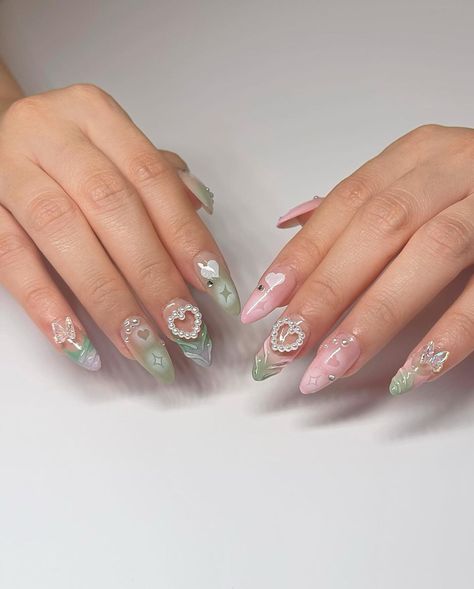 strawberry matcha 🍓🍵 ♡ services: gelx with airbrush ,3d design,charm, rhinestone ♡ shape: medium almond ♡… | Instagram Matcha Nails, Strawberry Matcha, Kawaii Nail Art, Classy Acrylic, Business Nails, Lilac Nails, Wow Nails, Medium Almond, Asian Nails