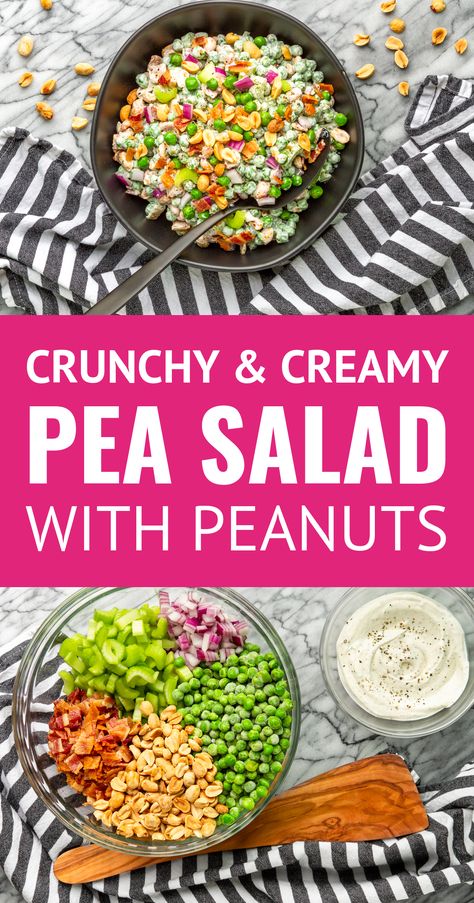 Crunchy & Creamy Green Pea and Peanut Salad -- This crunchy and creamy cold pea salad recipe is destined to be the belle of the ball at potlucks and cookouts this summer! It's a totally easy side dish filled with sweet peas, crispy bacon, roasted #peanuts, chopped celery + diced red onion, all dressed in a sweet & tangy sour cream/mayo dressing. | easy pea salad | old fashioned pea salad | best pea salad #peasalad #saladrecipes #cookoutfood #potluckrecipe #potluckfood #summerrecipes #summerfood Pea And Peanut Salad Recipe, Best Pea Salad, Easy Pea Salad, Cold Pea Salad, Crunchy Pea Salad, Pea Salad With Bacon, Green Pea Salad, Simple Salads, Cravings Food