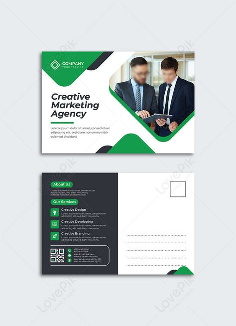 green creative marketing agency business postcard Marketing Postcard Design, Business Flyer Design Creative, Post Card Design Creative, Postcard Design Marketing, Business Postcard Design, Postcard Design Inspiration, Postcard Marketing, Branding Collateral, Mail Inspiration