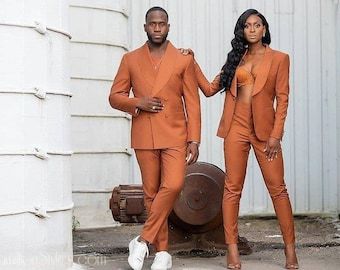 His And Hers Outfits, Ankara Suit, Couples African Outfits, Blazer Street Style, African Suit, Orange Suit, Couples Outfit, Cute Couple Outfits, Matching Couple Outfits