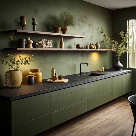 Olive Green Kitchen Cabinets, Green Kitchen Aesthetic, Light Green Kitchen, Olive Kitchen, Green Kitchen Walls, Olive Green Kitchen, Green Kitchen Designs, Dark Green Kitchen, Sage Green Kitchen