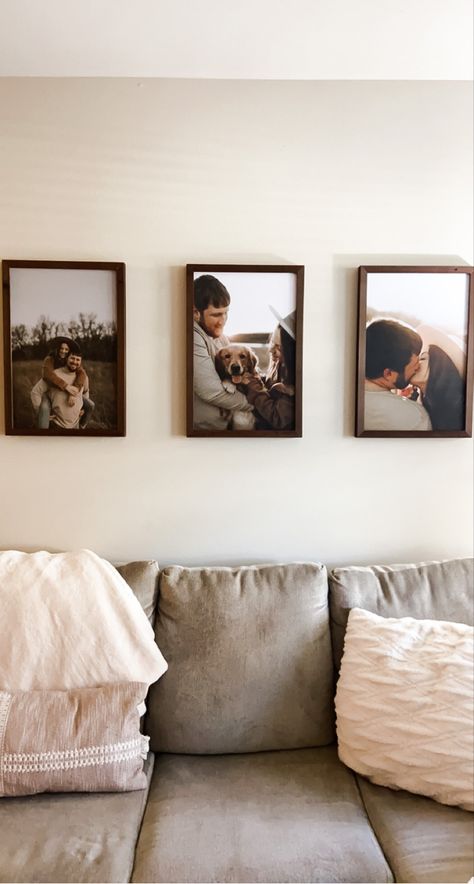 Picture Wall Ideas Couple, Bedroom Decor With Wedding Pictures, Canvas Photos Above Couch, Couple Photo Wall Decor, Portrait Decor Living Rooms, Wedding Photo Gallery Wall Living Room, Canvas On Wall Ideas Living Room, Couples Gallery Wall, Behind Couch Picture Wall