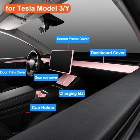 Cute Tesla Accessories, Tesla Interior Decor, Pink Tesla Car Interior, Tesla Car Aesthetic Inside, Pink Tesla Car Aesthetic, Tesla Model Y Interior Accessories, Tesla Lighter, Tesla Model 3 Accessories, Tesla X