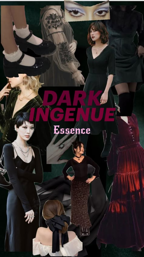 Dark Ingenue Essence Style #kibbe #witchyoutifts #darkacademiaaesthetic Romantic Kibbe Style, Black Feminine Outfit, Deep Winter Palette Outfits, Dark Feminine Style, Ingenue Style, Dark Gothic Fashion, Ingenue Essence, Dark Academia Goth, Kibbe Style