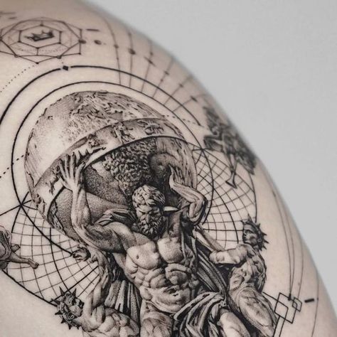 Greco Roman Tattoo, Atlas Tattoo Mythology, Atlas Drawing, Atlas Tattoo Design, Greece Tattoo, Atlas Art, Back Of Leg Tattoos, Roman Tattoo, Atlas Tattoo