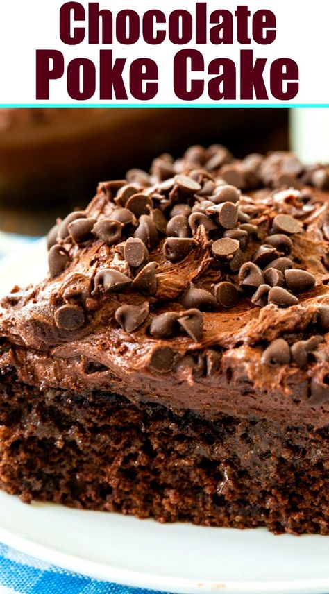 Easy to make Chocolate Poke Cake. Poke Cakes, Essen, Perfect Cake Recipe, Chocolate Box Cake, Cake Mix Ingredients, Chocolate Poke Cake, Cake Mix Desserts, Poke Cake Recipes, Melting Chocolate Chips