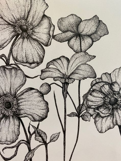 Pointillism / stipple effect flower illustration. Hand drawn illustrations. Overlapping Flower Drawing, Pointism Drawing, Tattoos With Stippling, Flower Stippling Art, Intricate Flower Drawing, Stippling Art Flowers, Pointilism Flowers Art, Ink Illustrations Flowers, Flower Pedals Drawings