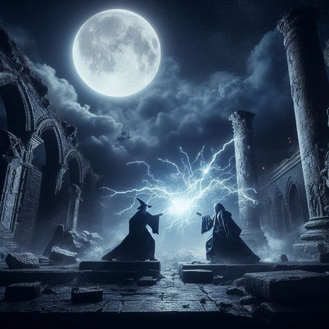 A cinematic moonlit scene in an ancient ruin with two wizards engaged in an intense magical duel. Ancient Ruins, Witch