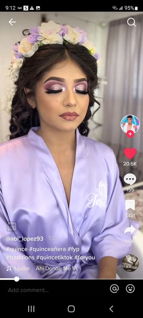 Sweet 15 Makeup Looks Purple, Make Up For Quinceanera Purple, Lilac Quinceanera Makeup Looks, Rapunzel Theme Makeup, Rapunzel Theme Quinceanera Dama Dress, Purple Quince Eye Makeup, Quinceanera Lavender Makeup, Purple Makeup For Quince, Purple 15 Makeup